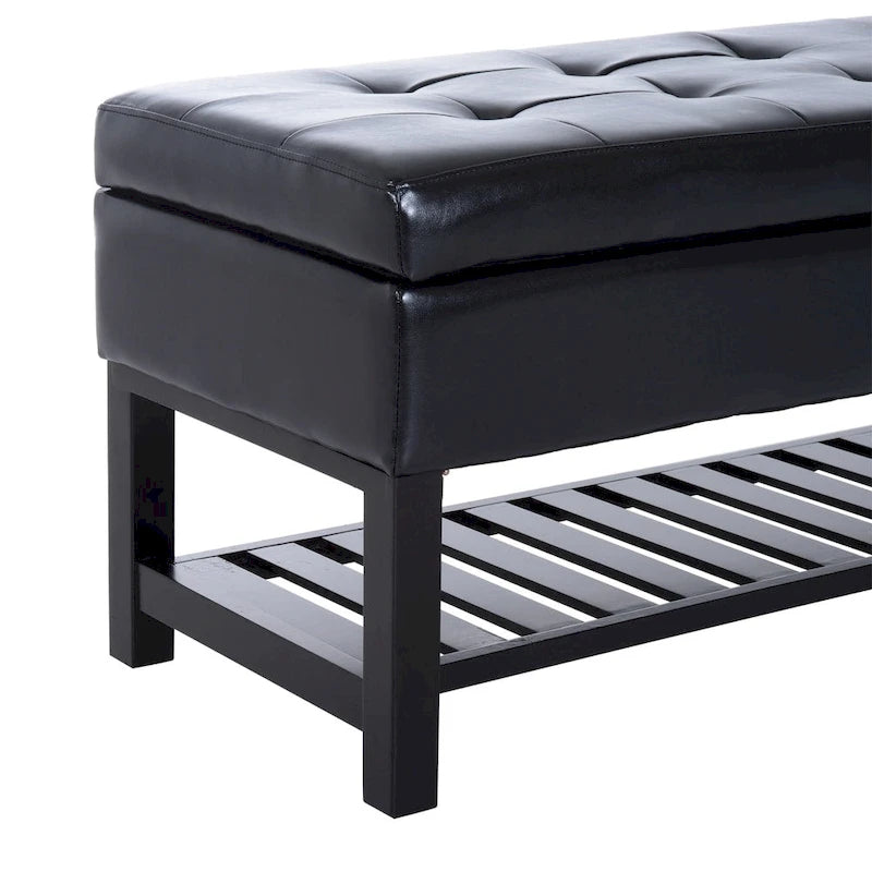 Banc de rangement ottoman capitonné en similicuir noir avec étagère à chaussures à lattes et pieds en bois, 1 place