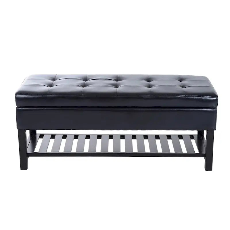 Banc de rangement ottoman capitonné en similicuir noir avec étagère à chaussures à lattes et pieds en bois, 1 place