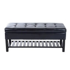 Banc de rangement ottoman capitonné en similicuir noir avec étagère à chaussures à lattes et pieds en bois, 1 place