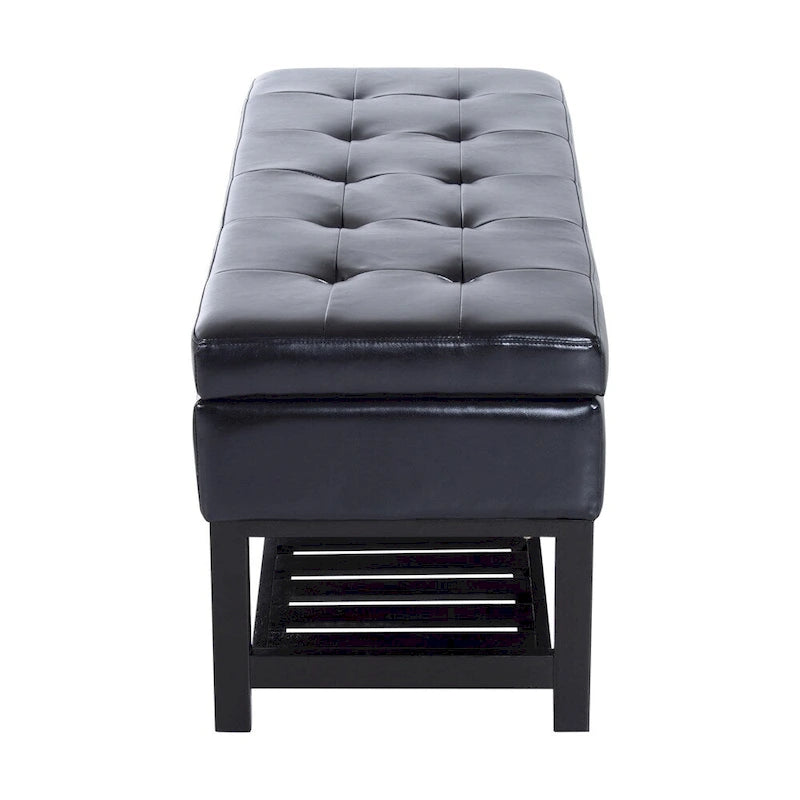 Banc de rangement ottoman capitonné en similicuir noir avec étagère à chaussures à lattes et pieds en bois, 1 place