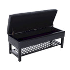 Banc de rangement ottoman capitonné en similicuir noir avec étagère à chaussures à lattes et pieds en bois, 1 place