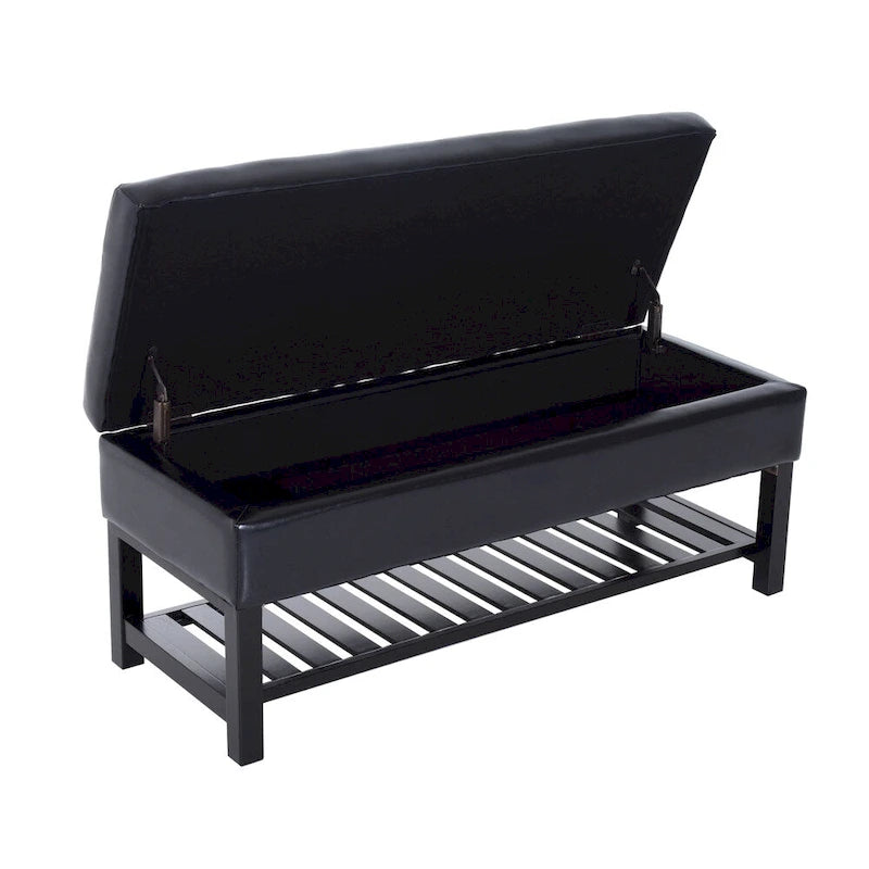 Banc de rangement ottoman capitonné en similicuir noir avec étagère à chaussures à lattes et pieds en bois, 1 place
