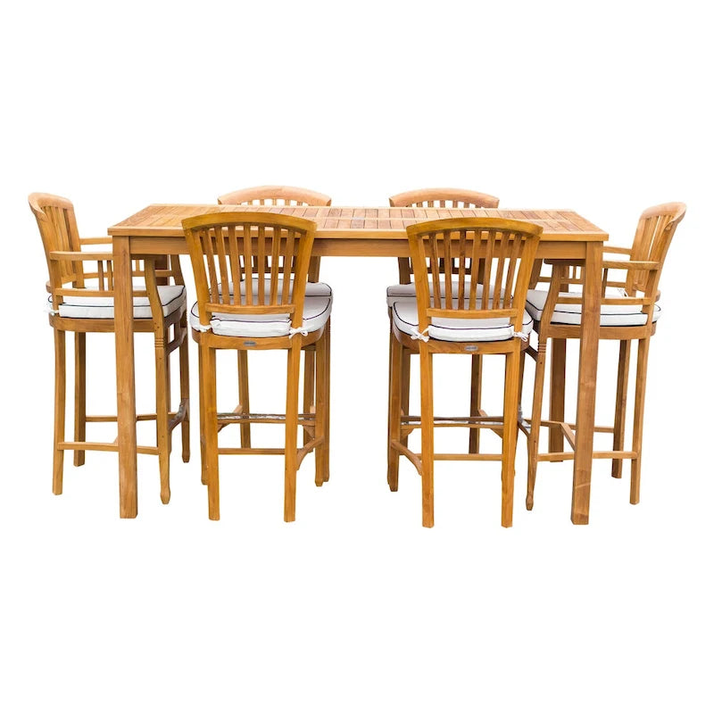 Ensemble de bistrot de bar de patio Chic Teak 7 pièces en bois de teck Orléans, table de bar de 63 po, 2 chaises de bar avec accoudoirs et 4 chaises de bar sans accoudoirs