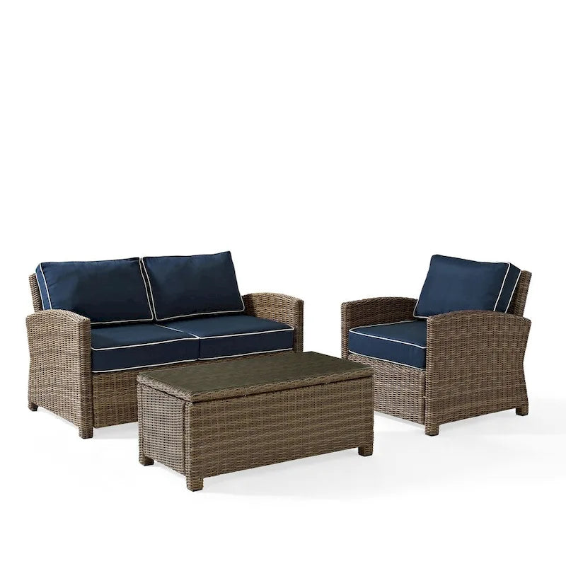 Ensemble de trois sièges en osier d'extérieur Bradenton de Crosley avec coussins bleu marine