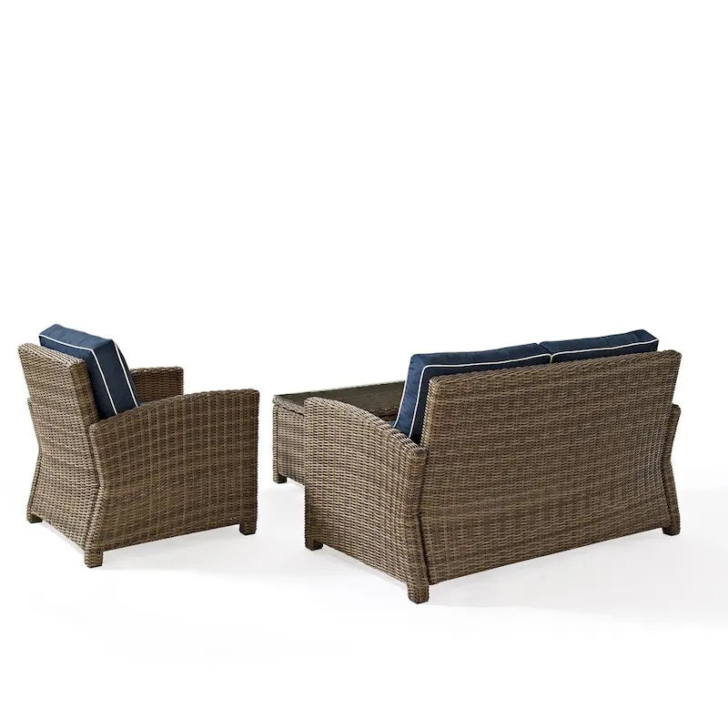 Ensemble de trois sièges en osier d'extérieur Bradenton de Crosley avec coussins bleu marine