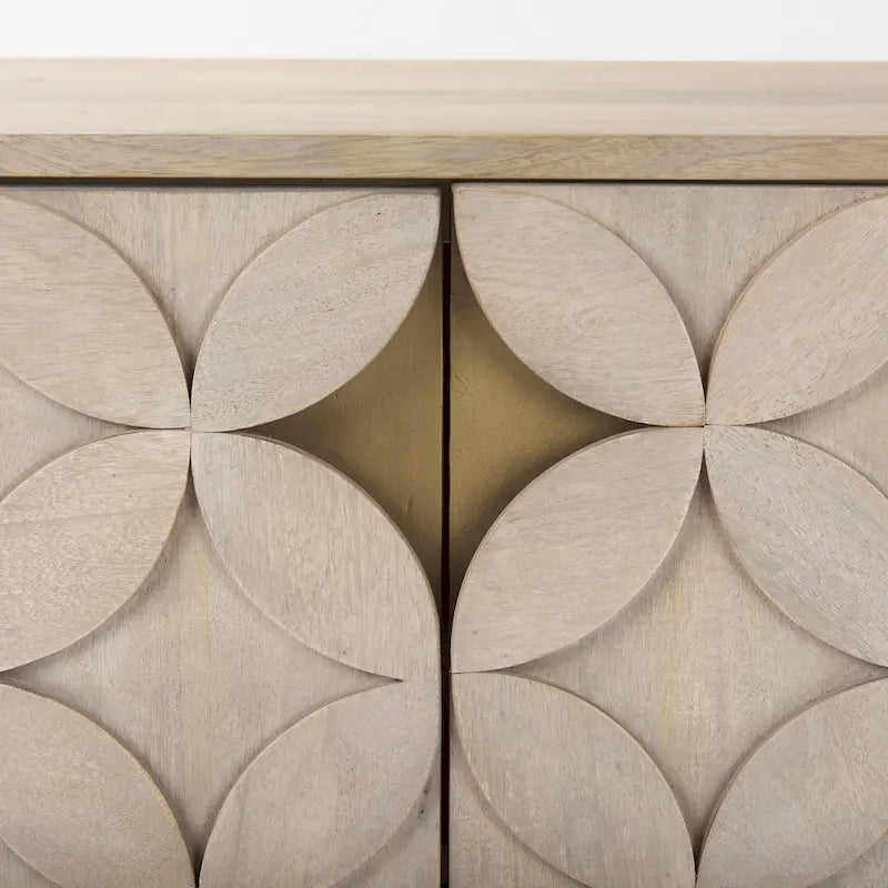 Meuble d'appoint 2 portes en bois de manguier massif marron avec base en fer doré et motif en relief