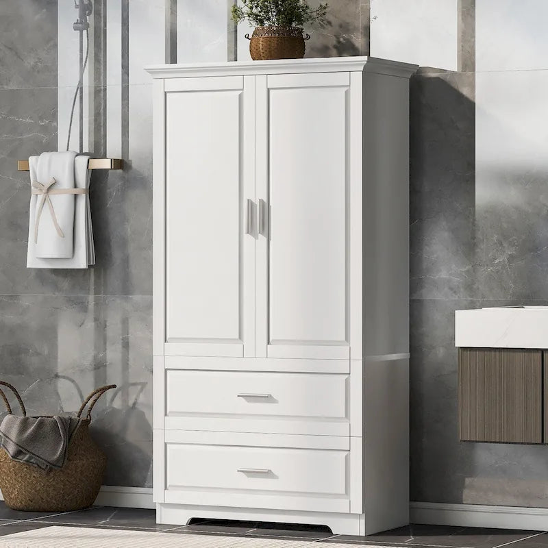 Meuble de rangement de salle de bain en MDF blanc avec 2 portes, 3 étagères et 2 tiroirs