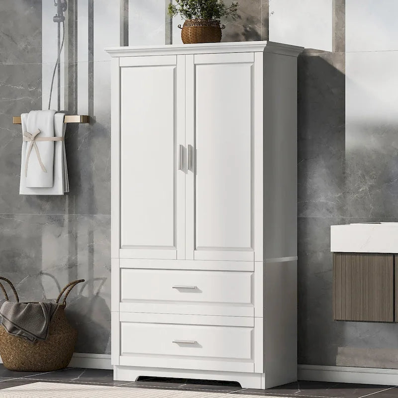 Meuble de rangement de salle de bain en MDF blanc avec 2 portes, 3 étagères et 2 tiroirs