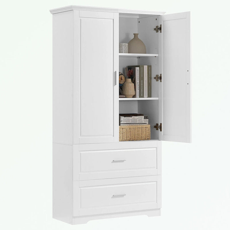Meuble de rangement de salle de bain en MDF blanc avec 2 portes, 3 étagères et 2 tiroirs