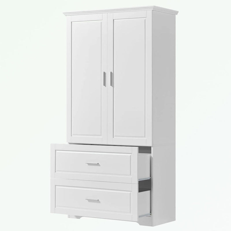 Meuble de rangement de salle de bain en MDF blanc avec 2 portes, 3 étagères et 2 tiroirs