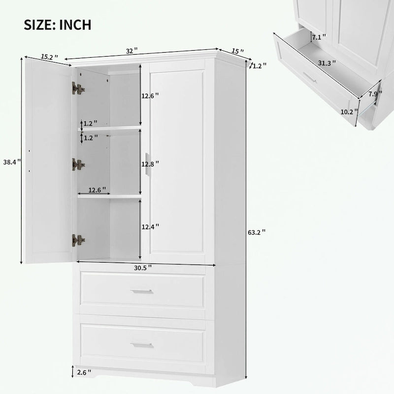 Meuble de rangement de salle de bain en MDF blanc avec 2 portes, 3 étagères et 2 tiroirs