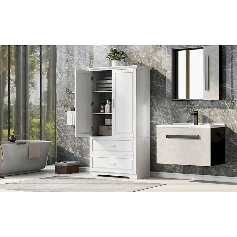 Meuble de rangement de salle de bain en MDF blanc avec 2 portes, 3 étagères et 2 tiroirs
