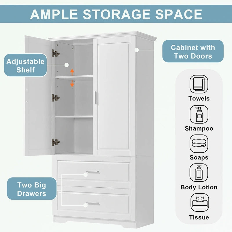 Meuble de rangement de salle de bain en MDF blanc avec 2 portes, 3 étagères et 2 tiroirs