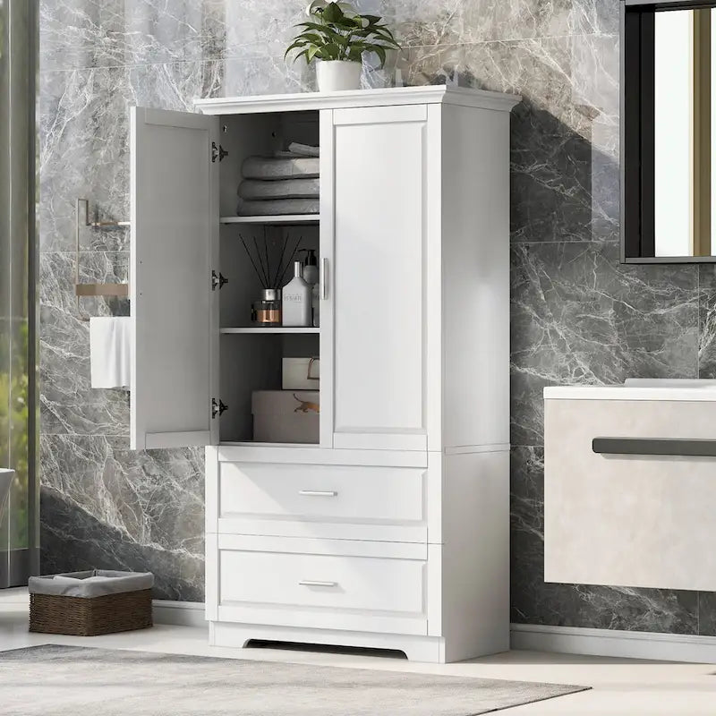 Meuble de rangement de salle de bain en MDF blanc avec 2 portes, 3 étagères et 2 tiroirs