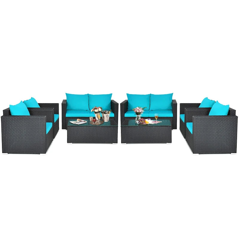 Costway 8PCS Salon de jardin en rotin canapé coussin fauteuil table basse turquoise - Voir détails