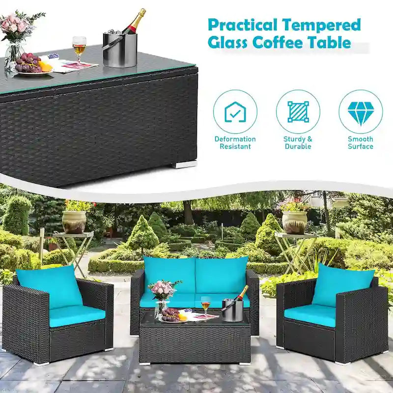 Costway 8PCS Salon de jardin en rotin canapé coussin fauteuil table basse turquoise - Voir détails