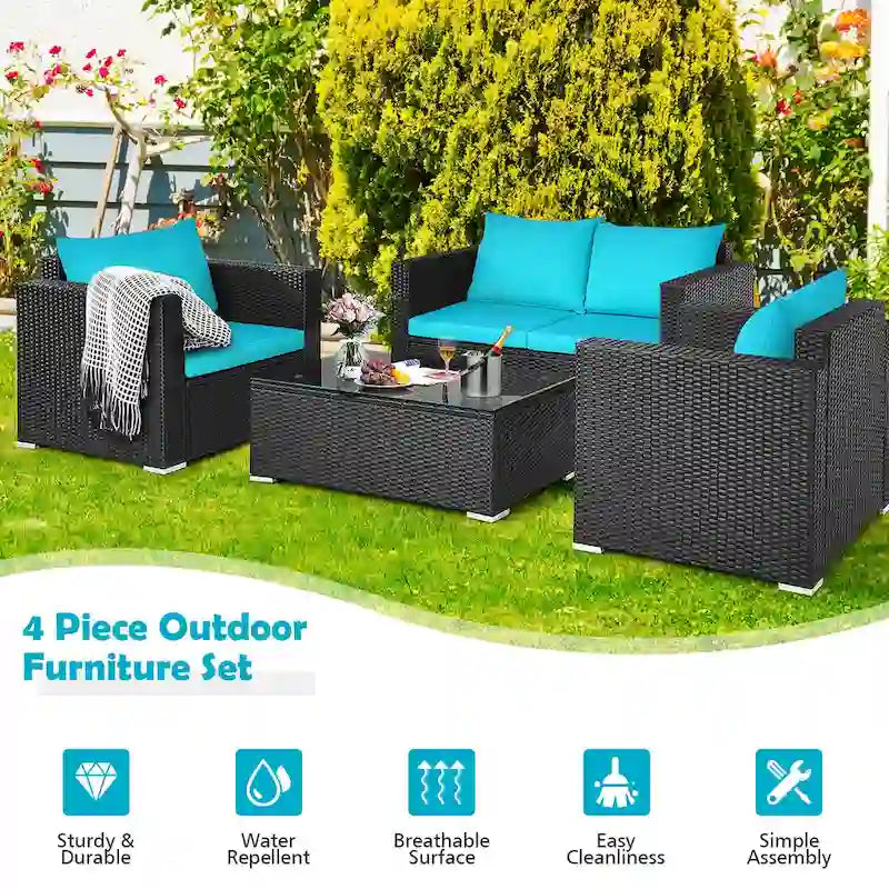 Costway 8PCS Salon de jardin en rotin canapé coussin fauteuil table basse turquoise - Voir détails