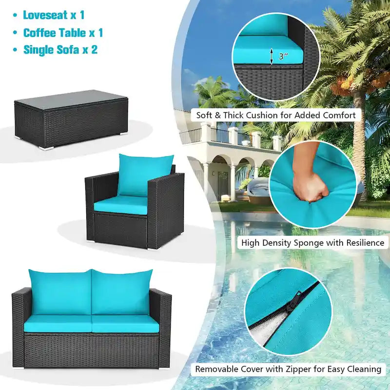 Costway 8PCS Salon de jardin en rotin canapé coussin fauteuil table basse turquoise - Voir détails