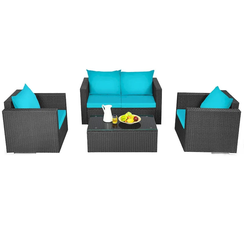 Costway 8PCS Salon de jardin en rotin canapé coussin fauteuil table basse turquoise - Voir détails