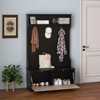 Porte-manteau blanc en bois composite avec banc, 5 patères et armoire fermée