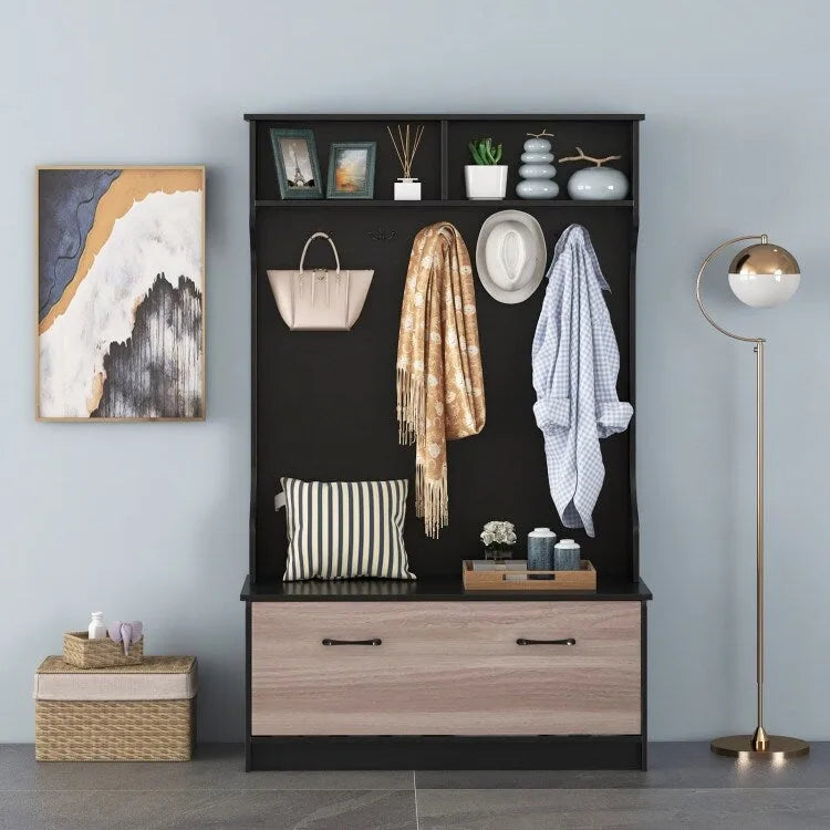 Porte-manteau blanc en bois composite avec banc, 5 patères et armoire fermée