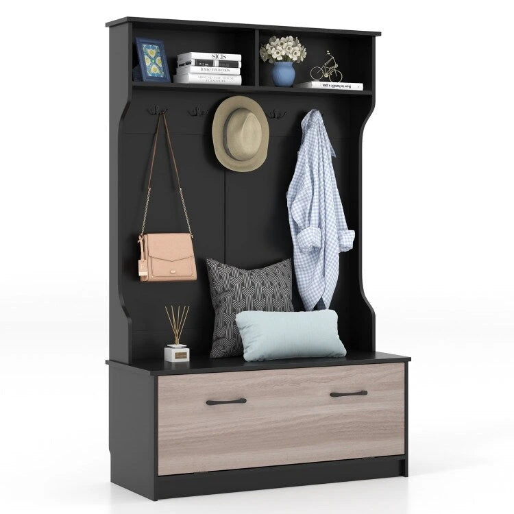 Porte-manteau blanc en bois composite avec banc, 5 patères et armoire fermée