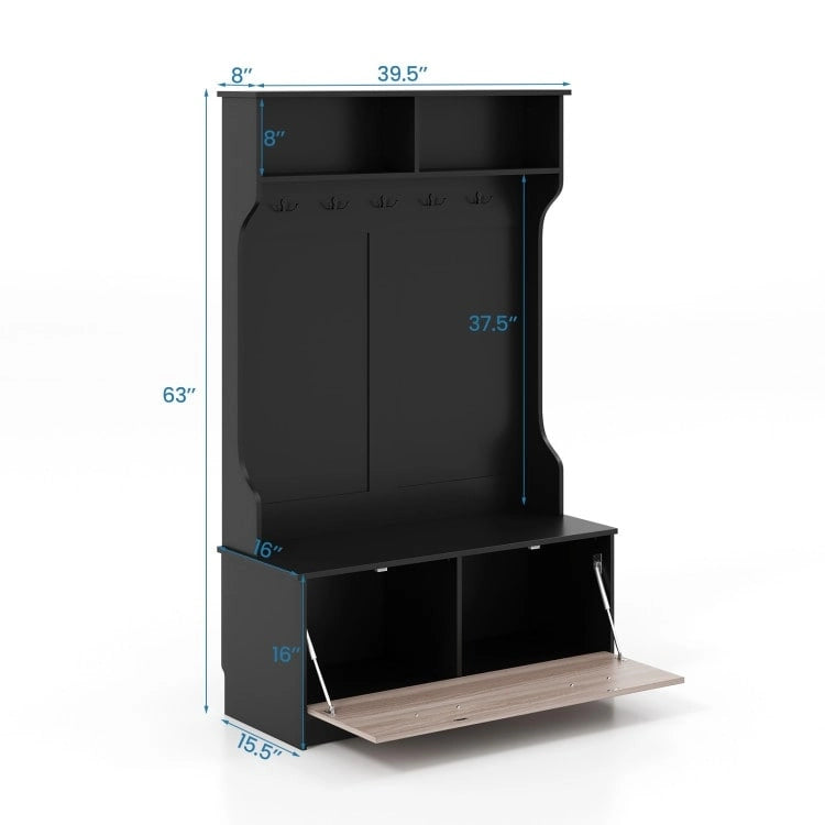 Porte-manteau blanc en bois composite avec banc, 5 patères et armoire fermée