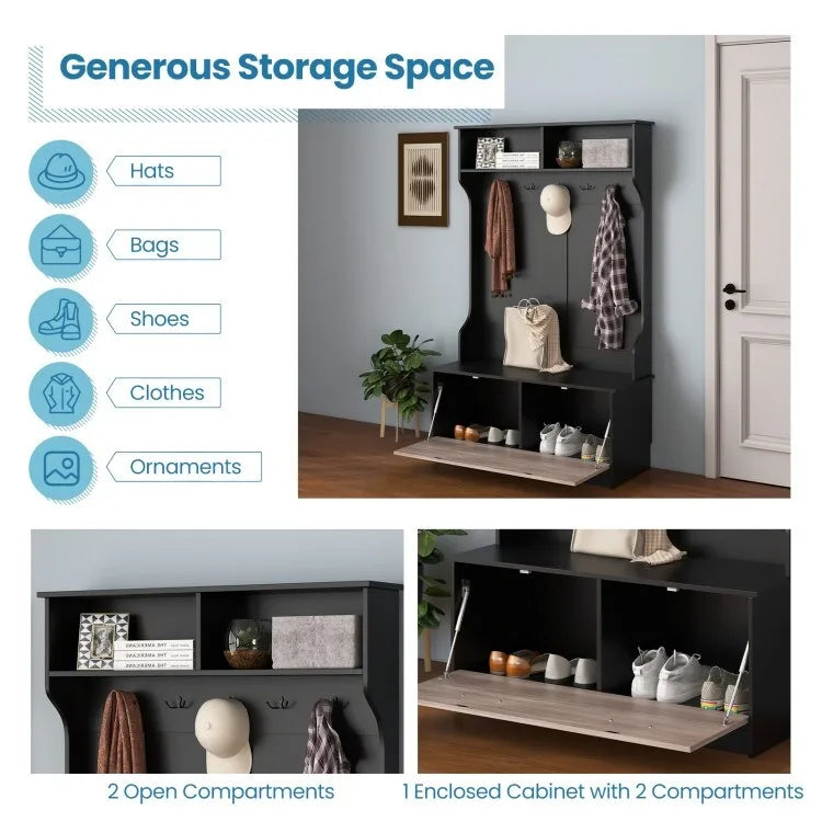 Porte-manteau blanc en bois composite avec banc, 5 patères et armoire fermée