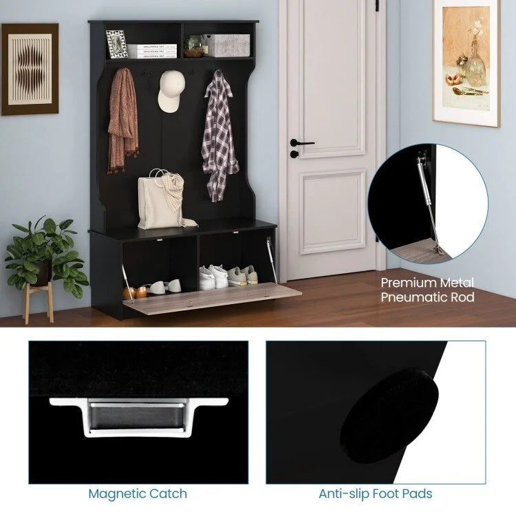 Porte-manteau blanc en bois composite avec banc, 5 patères et armoire fermée