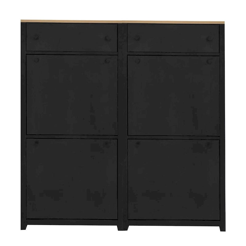 Meuble à chaussures étroit en MDF noir/blanc avec 4 tiroirs basculants et plateau aspect bois, capacité 24 paires