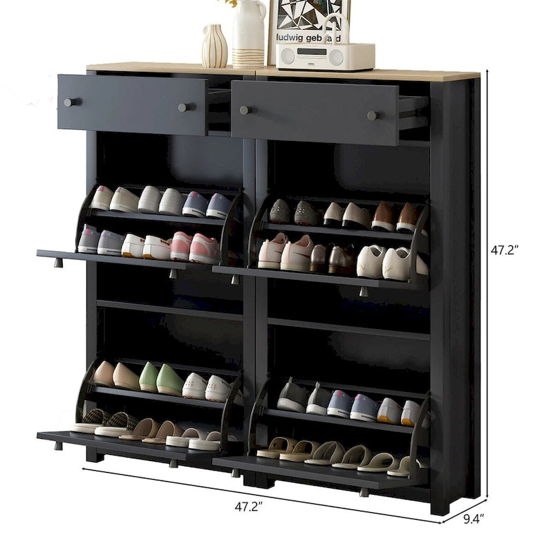 Meuble à chaussures étroit en MDF noir/blanc avec 4 tiroirs basculants et plateau aspect bois, capacité 24 paires
