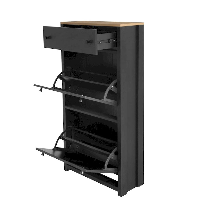Meuble à chaussures étroit en MDF noir/blanc avec 4 tiroirs basculants et plateau aspect bois, capacité 24 paires