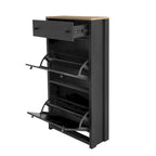 Meuble à chaussures étroit en MDF noir/blanc avec 4 tiroirs basculants et plateau aspect bois, capacité 24 paires