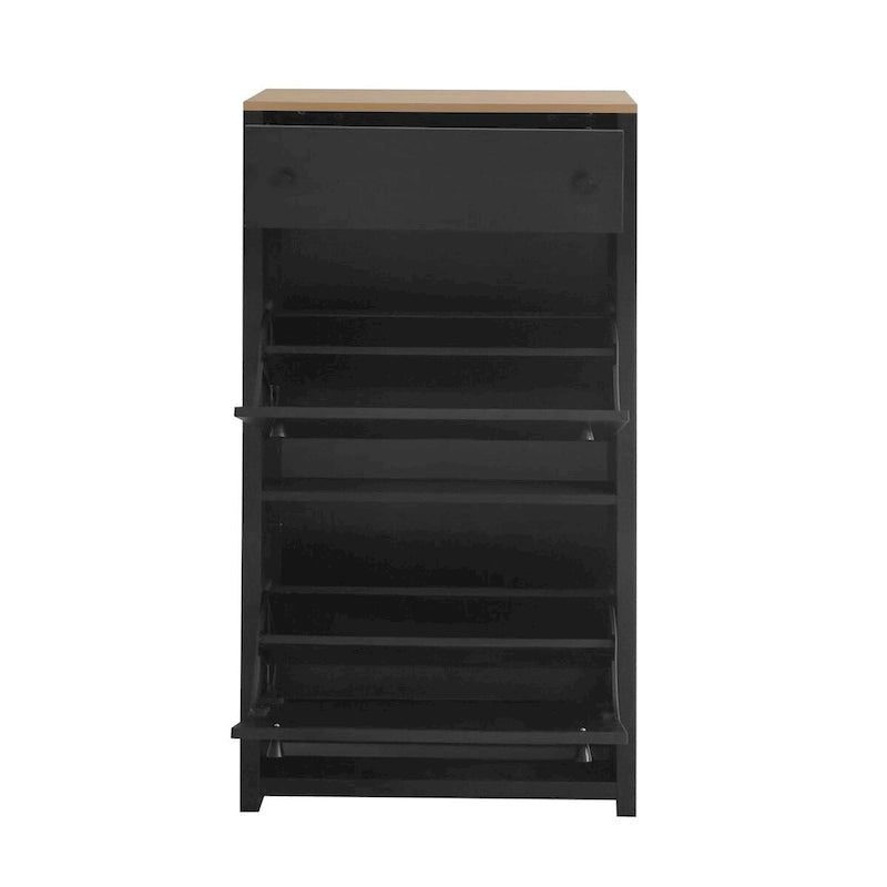 Meuble à chaussures étroit en MDF noir/blanc avec 4 tiroirs basculants et plateau aspect bois, capacité 24 paires