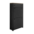 Meuble à chaussures étroit en MDF noir/blanc avec 4 tiroirs basculants et plateau aspect bois, capacité 24 paires
