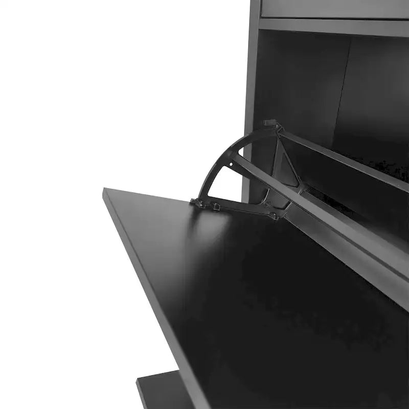Meuble à chaussures étroit en MDF noir/blanc avec 4 tiroirs basculants et plateau aspect bois, capacité 24 paires