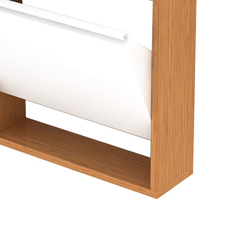 Meuble à chaussures de style campagnard en bois de noyer et métal blanc, avec 3 tiroirs basculants et une étagère supérieure ouverte, peut contenir 6 paires