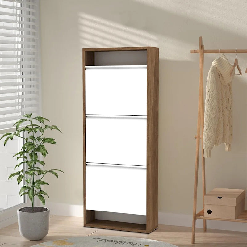 Meuble à chaussures de style campagnard en bois de noyer et métal blanc, avec 3 tiroirs basculants et une étagère supérieure ouverte, peut contenir 6 paires