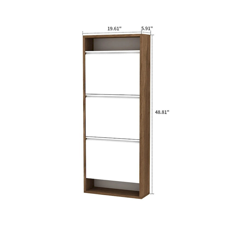 Meuble à chaussures de style campagnard en bois de noyer et métal blanc, avec 3 tiroirs basculants et une étagère supérieure ouverte, peut contenir 6 paires