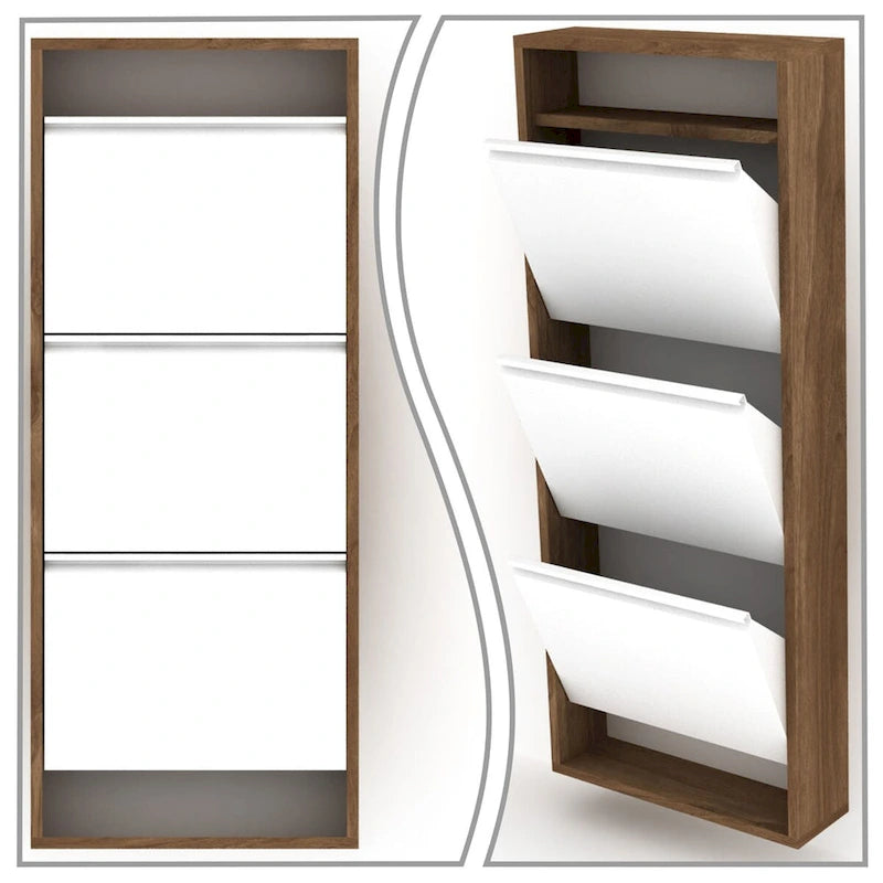 Meuble à chaussures de style campagnard en bois de noyer et métal blanc, avec 3 tiroirs basculants et une étagère supérieure ouverte, peut contenir 6 paires