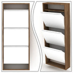 Meuble à chaussures de style campagnard en bois de noyer et métal blanc, avec 3 tiroirs basculants et une étagère supérieure ouverte, peut contenir 6 paires