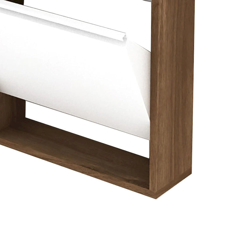 Meuble à chaussures de style campagnard en bois de noyer et métal blanc, avec 3 tiroirs basculants et une étagère supérieure ouverte, peut contenir 6 paires