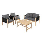 Ensemble de patio extérieur moderne bohème 4 pièces en bois d'acacia Aveiro avec coussins et oreillers décoratifs unis, par JONATHAN Y