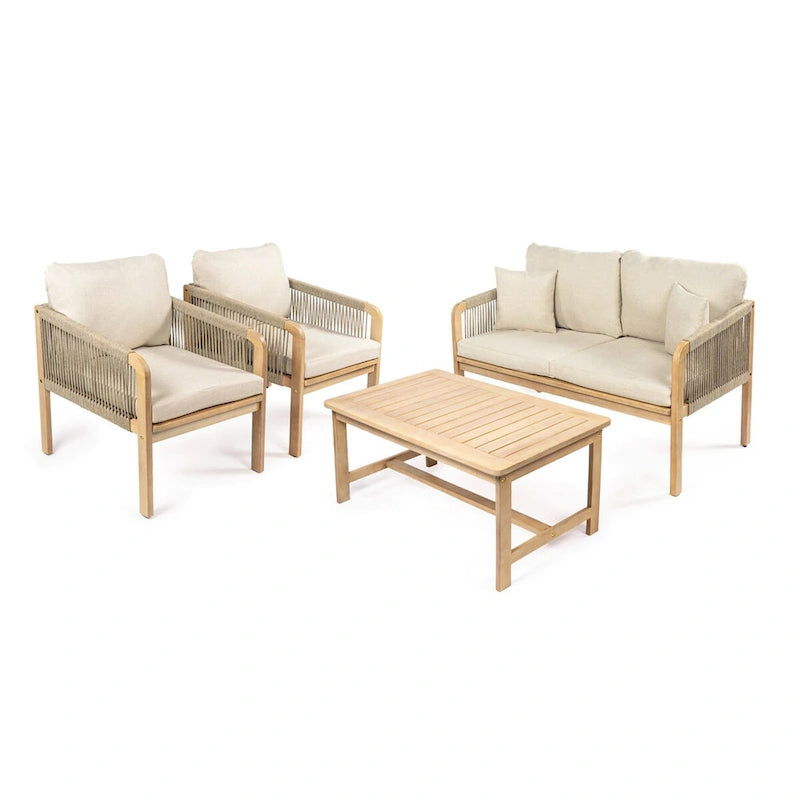 Aveiro 4-Piece Modern Bohemian Acacia Wood Outdoor Patio Set with Cushions and Plain Decorative Pillows, by JONATHAN Y