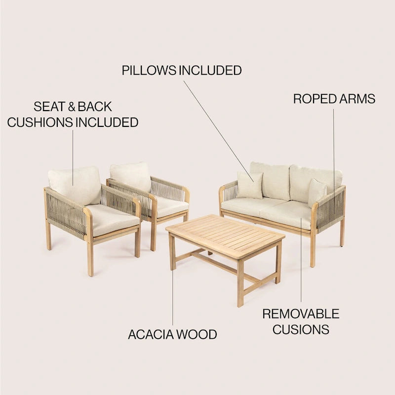 Ensemble de patio extérieur moderne bohème 4 pièces en bois d'acacia Aveiro avec coussins et oreillers décoratifs unis, par JONATHAN Y