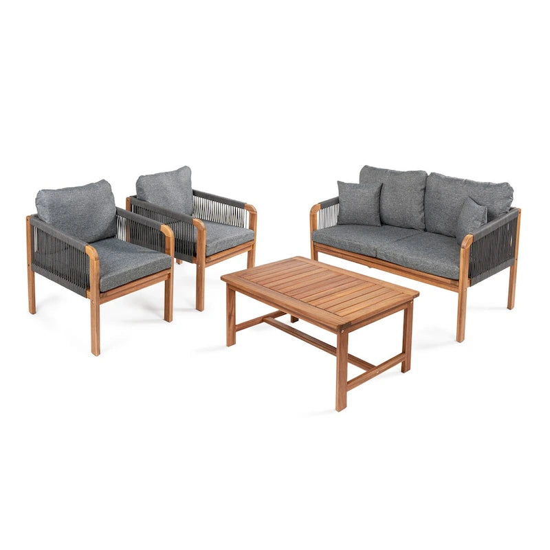Ensemble de patio extérieur moderne bohème 4 pièces en bois d'acacia Aveiro avec coussins et oreillers décoratifs unis, par JONATHAN Y