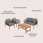 Ensemble de patio extérieur moderne bohème 4 pièces en bois d'acacia Aveiro avec coussins et oreillers décoratifs unis, par JONATHAN Y