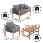 Ensemble de patio extérieur moderne bohème 4 pièces en bois d'acacia Aveiro avec coussins et oreillers décoratifs unis, par JONATHAN Y