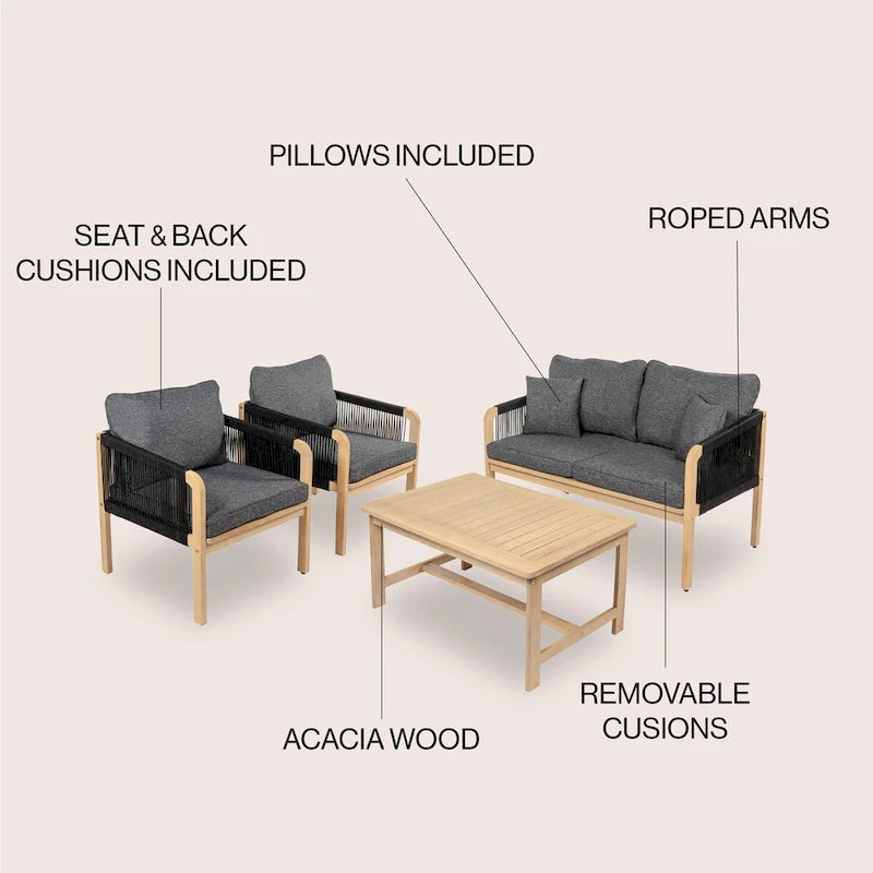 Ensemble de patio extérieur moderne bohème 4 pièces en bois d'acacia Aveiro avec coussins et oreillers décoratifs unis, par JONATHAN Y
