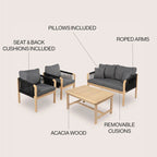 Ensemble de patio extérieur moderne bohème 4 pièces en bois d'acacia Aveiro avec coussins et oreillers décoratifs unis, par JONATHAN Y